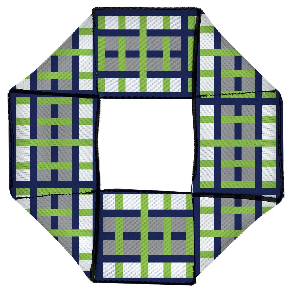 Dog Toy Squeaky Octagon Flyer - Basketweave Plaid White/Silver/Navy/Bright Green