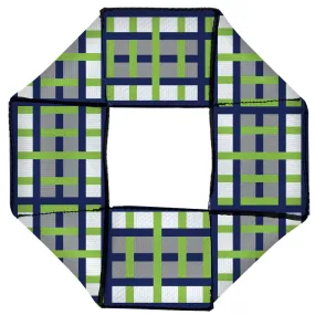 Dog Toy Squeaky Octagon Flyer - Basketweave Plaid White/Silver/Navy/Bright Green
