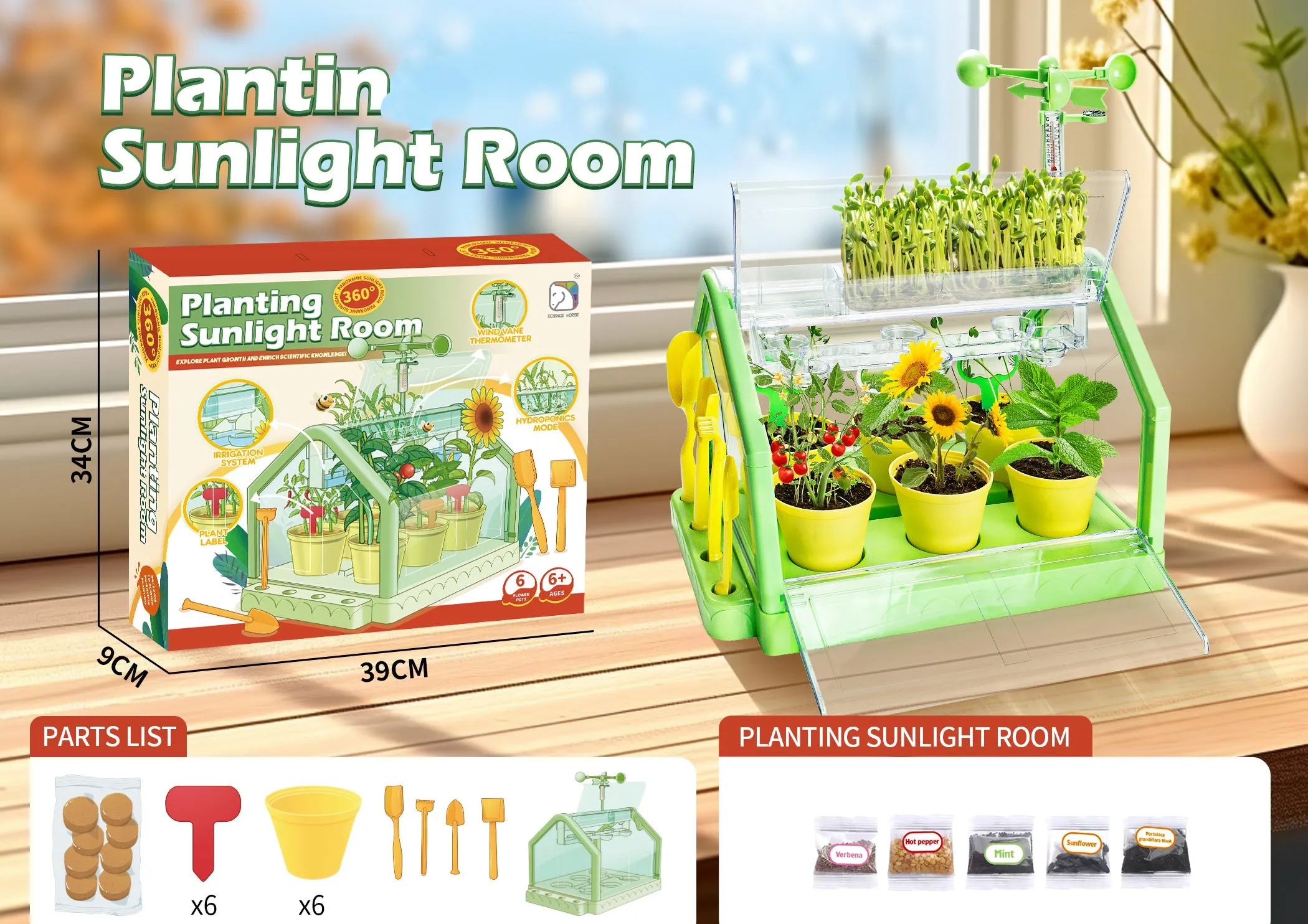 Kids Plant Growing Kit Greenhouse Growing Set with Windsocks and thermometers Terrarium Kit Kids Science Educational DIY Indoor Plant Gardening Toy