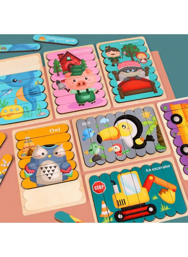 Wooden Toy 3D Double-sided Jigsaw Bar Puzzles Children’s Creative Story Stacking Matching Puzzle Early Educational Toys, Wolf/Brother