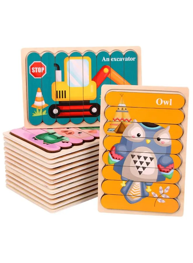 Wooden Toy 3D Double-sided Jigsaw Bar Puzzles Children’s Creative Story Stacking Matching Puzzle Early Educational Toys, Wolf/Brother