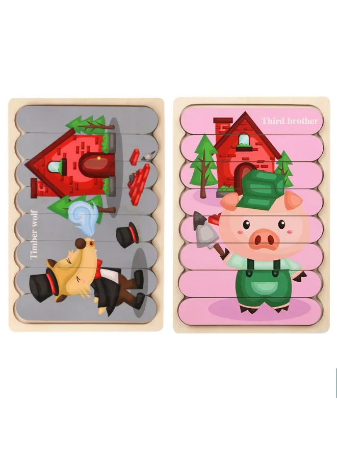Wooden Toy 3D Double-sided Jigsaw Bar Puzzles Children’s Creative Story Stacking Matching Puzzle Early Educational Toys, Wolf/Brother